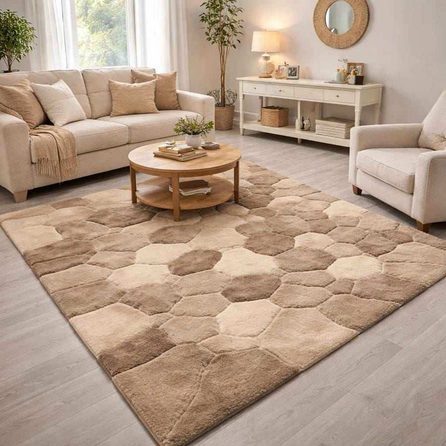 Beige and Taupe Pebble Stone Rug – Hand Tufted 3D Wool Rug
