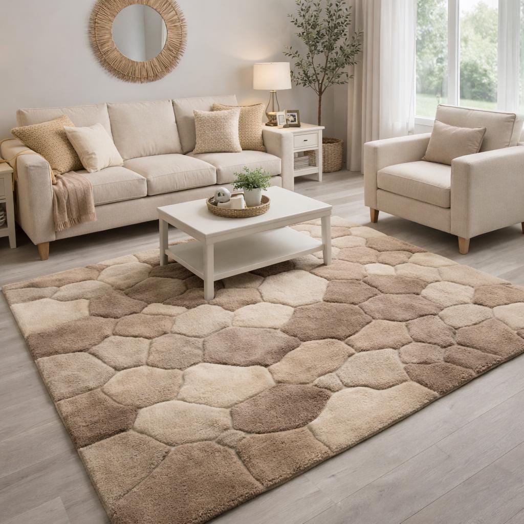Beige and Taupe Pebble Stone Rug – Hand Tufted 3D Wool Rug – image 7