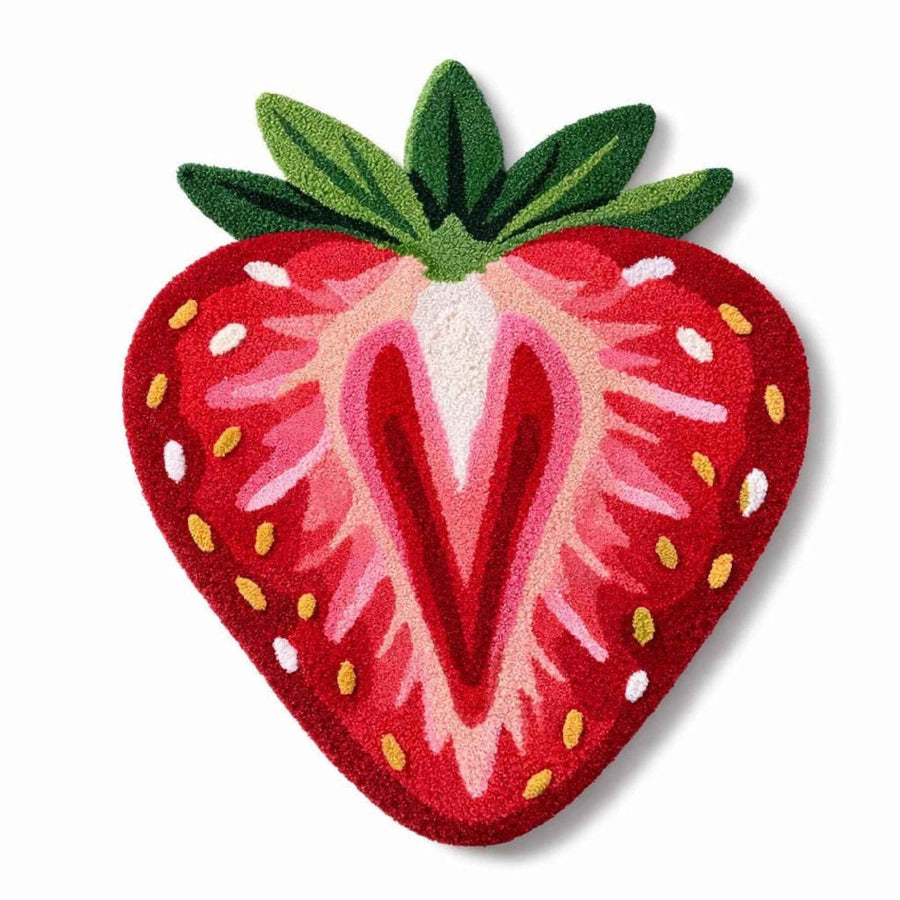 Strawberry Shaped Wool Rug – Hand Tufted Cottagecore Fruit Rug