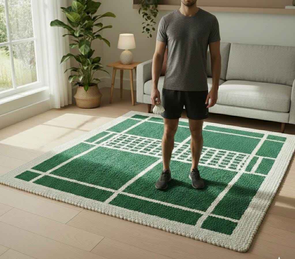 Green Badminton Court Rug – Hand Tufted Sports Theme Wool Rug – image 5