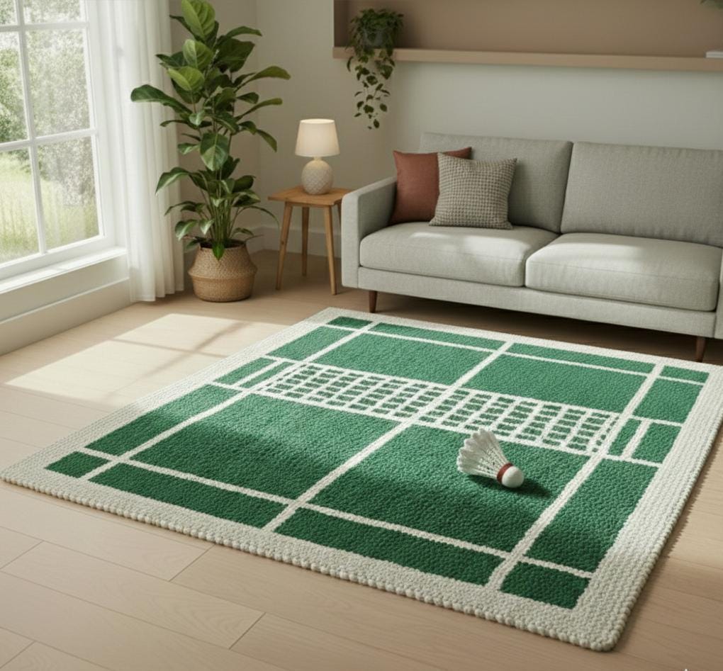 Green Badminton Court Rug – Hand Tufted Sports Theme Wool Rug – image 4