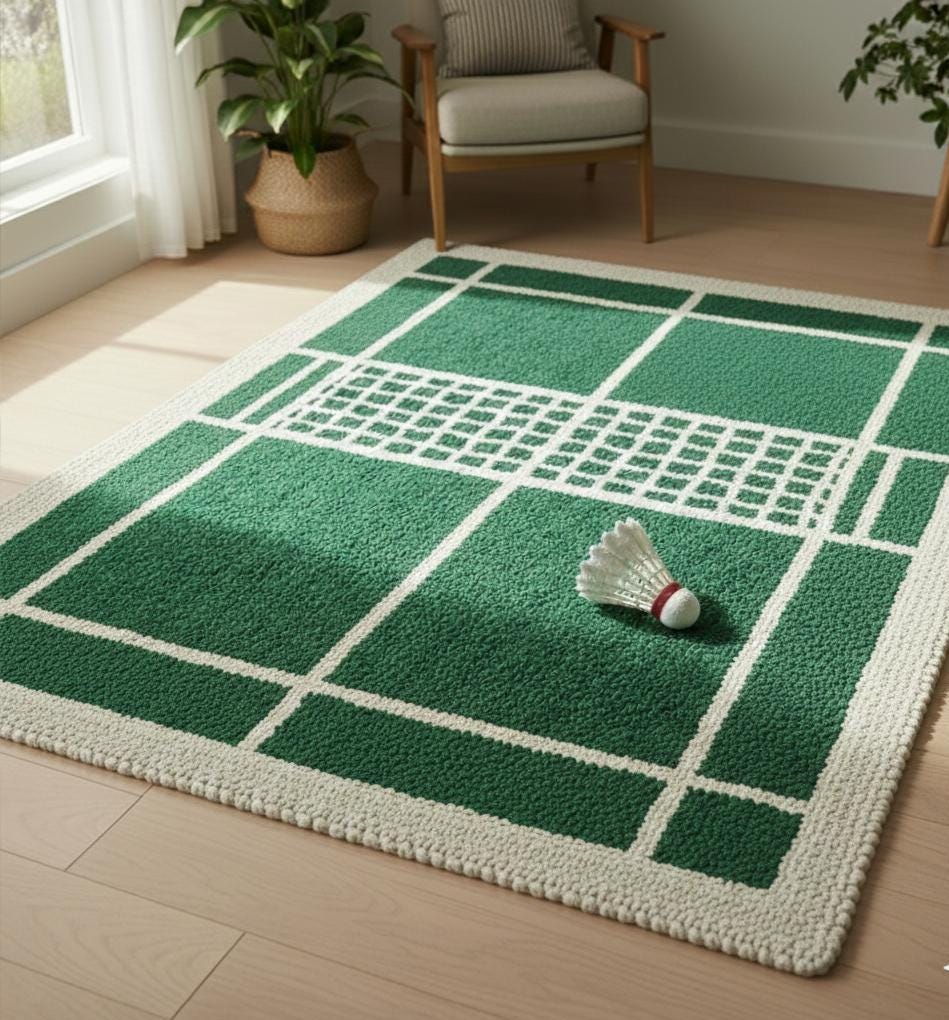 Green Badminton Court Rug – Hand Tufted Sports Theme Wool Rug – image 1
