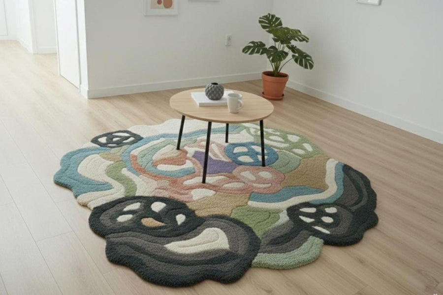 Neutral Boho Abstract Wool Rug – Hand Tufted Sculpted Designer Rug – image 1