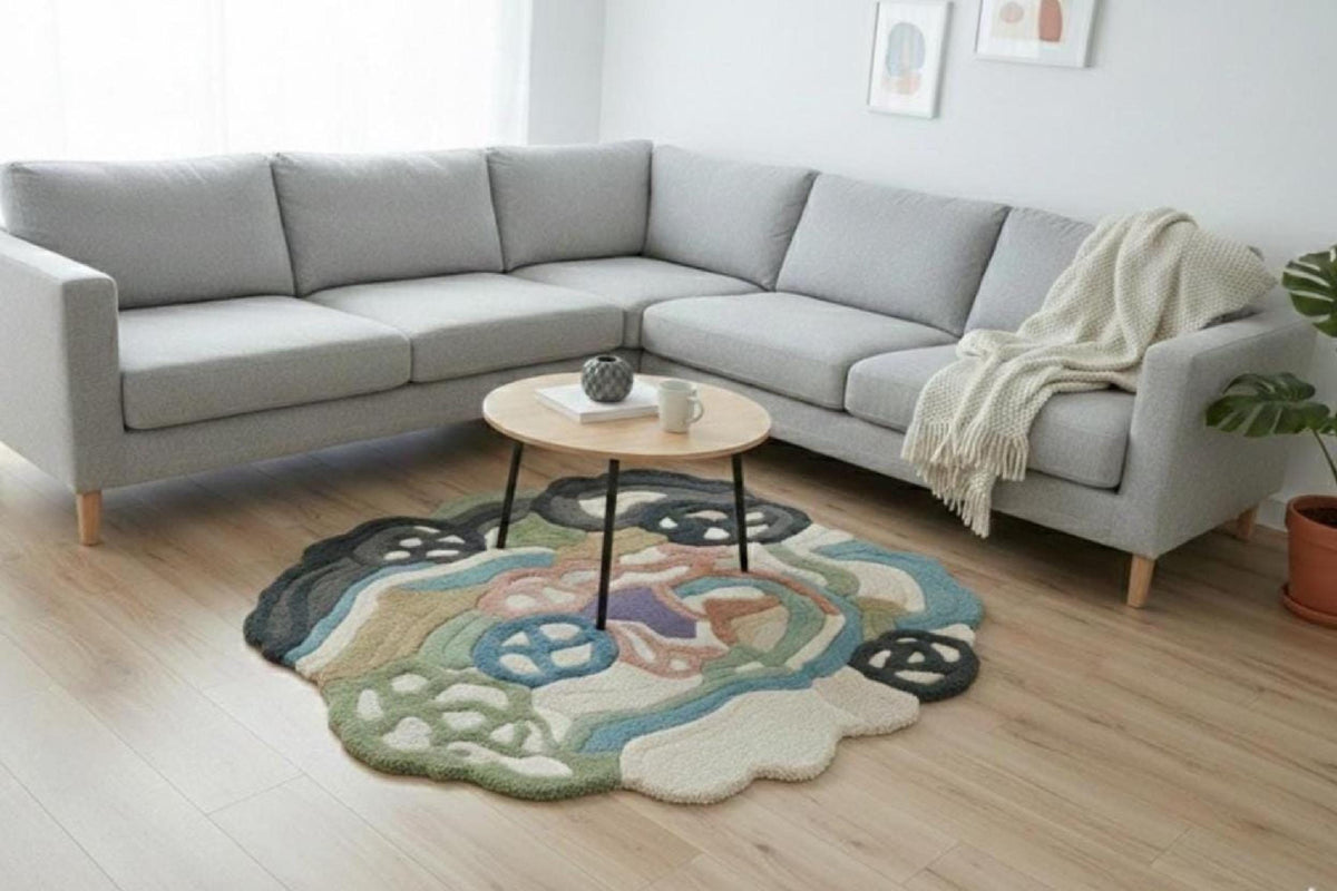 Neutral Boho Abstract Wool Rug – Hand Tufted Sculpted Designer Rug – image 3