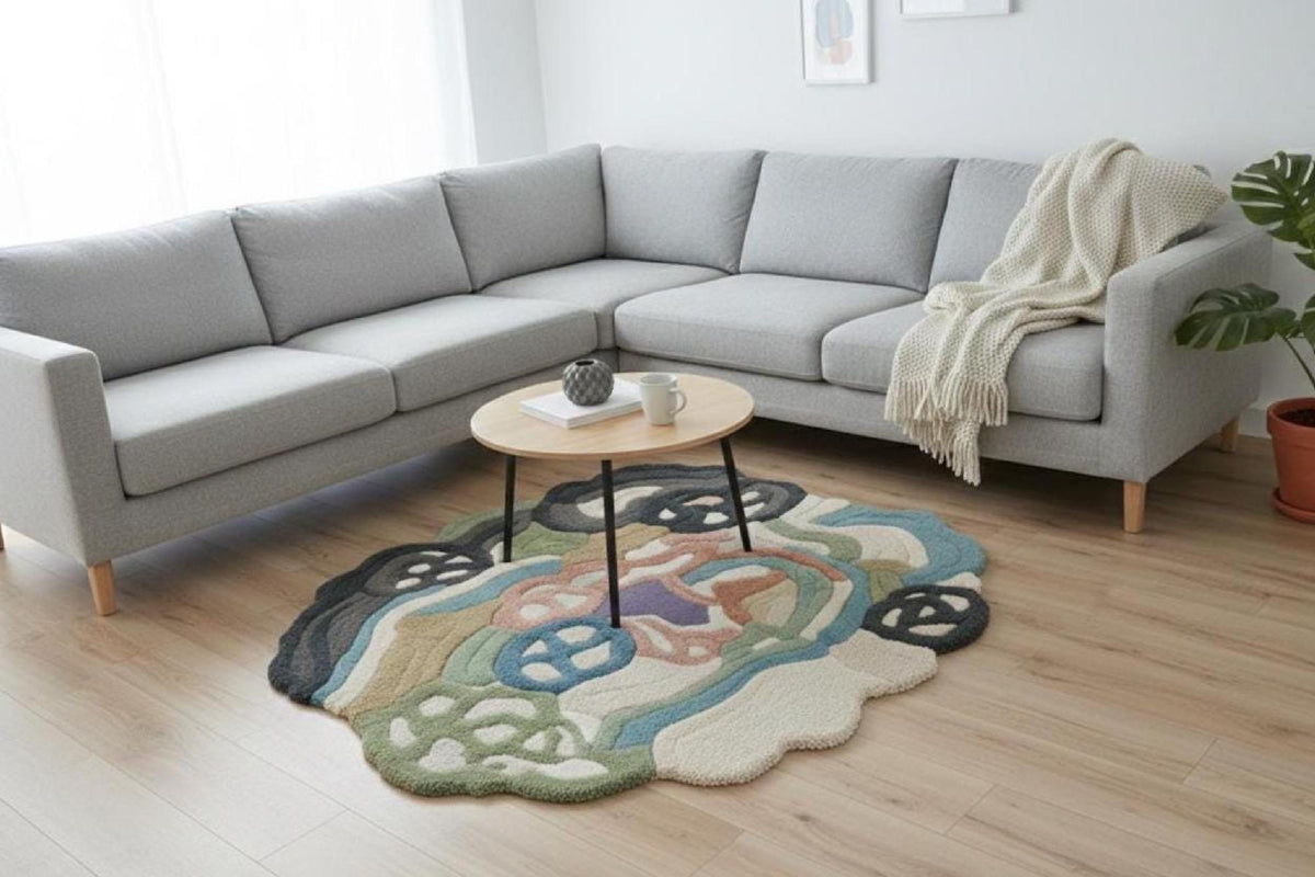 Neutral Boho Abstract Wool Rug – Hand Tufted Sculpted Designer Rug – image 4