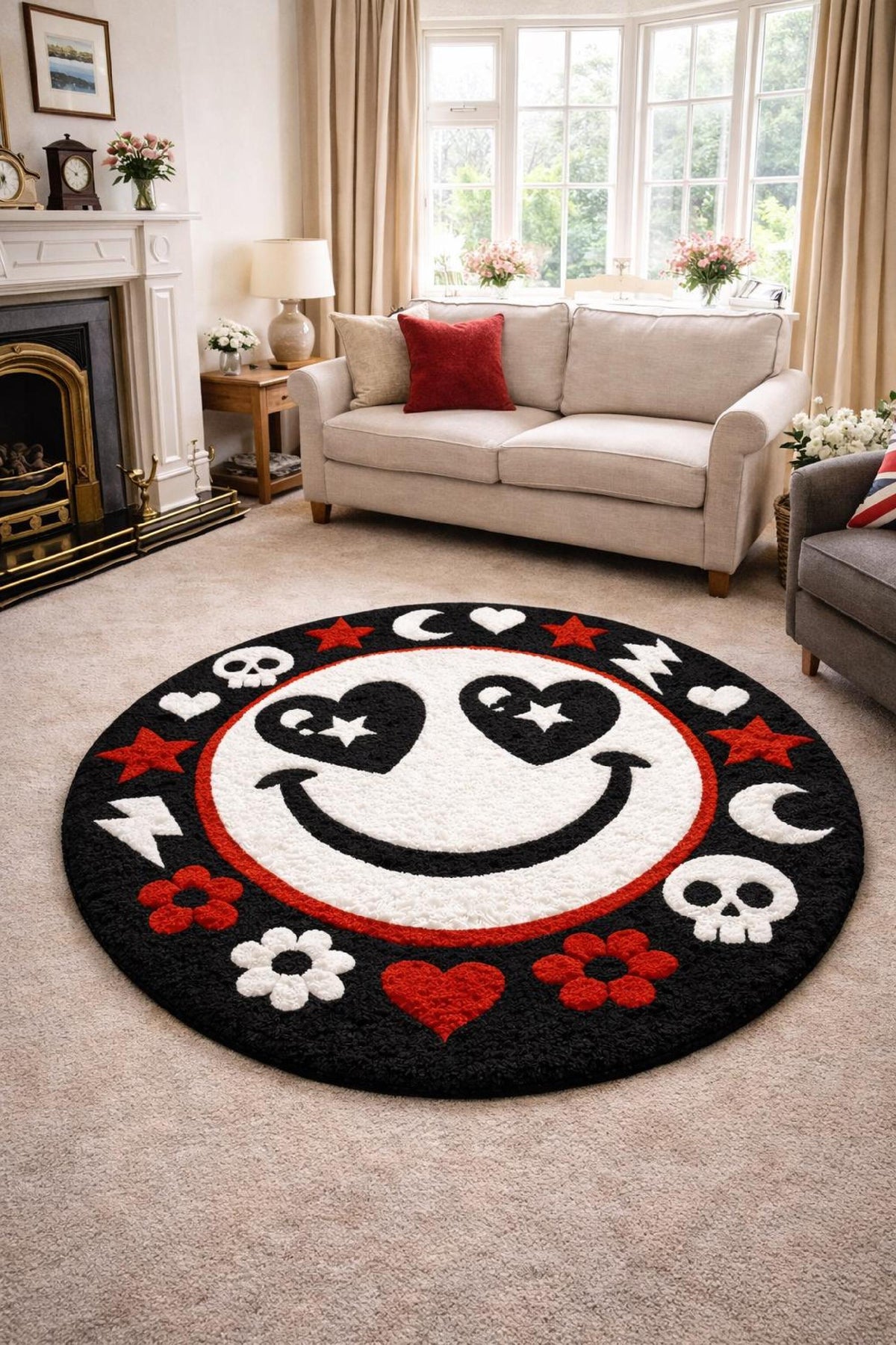 Smiley Face Round Rug – Hand Tufted Retro Wool Statement Rug – image 2