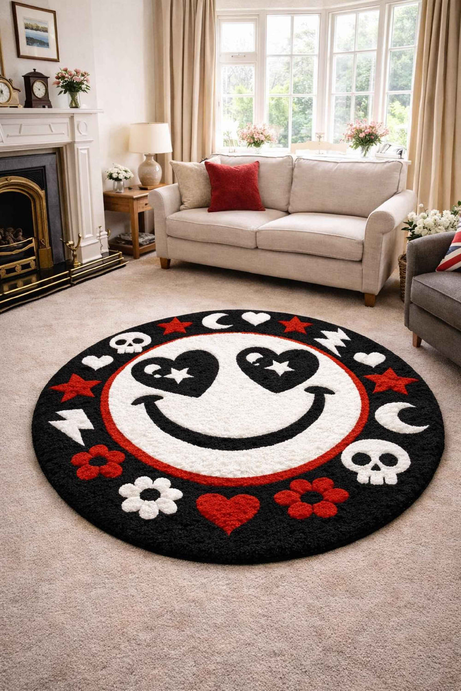 Smiley Face Round Rug – Hand Tufted Retro Wool Statement Rug