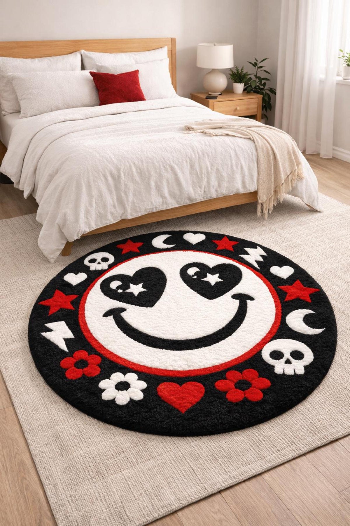 Smiley Face Round Rug – Hand Tufted Retro Wool Statement Rug – image 4