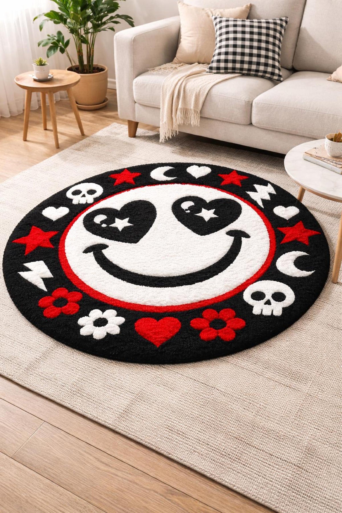 Smiley Face Round Rug – Hand Tufted Retro Wool Statement Rug – image 5