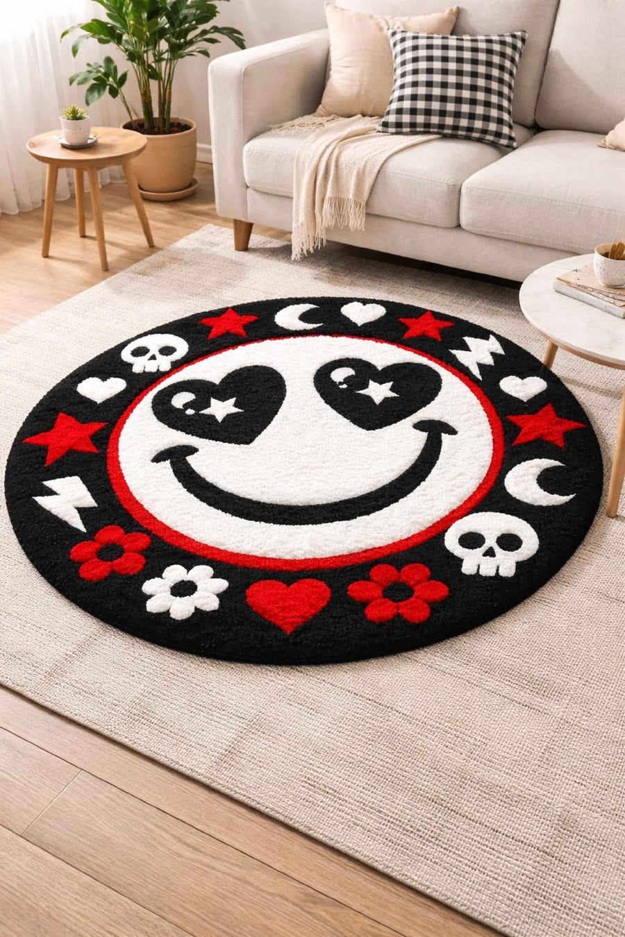 Smiley Face Round Rug – Hand Tufted Retro Wool Statement Rug