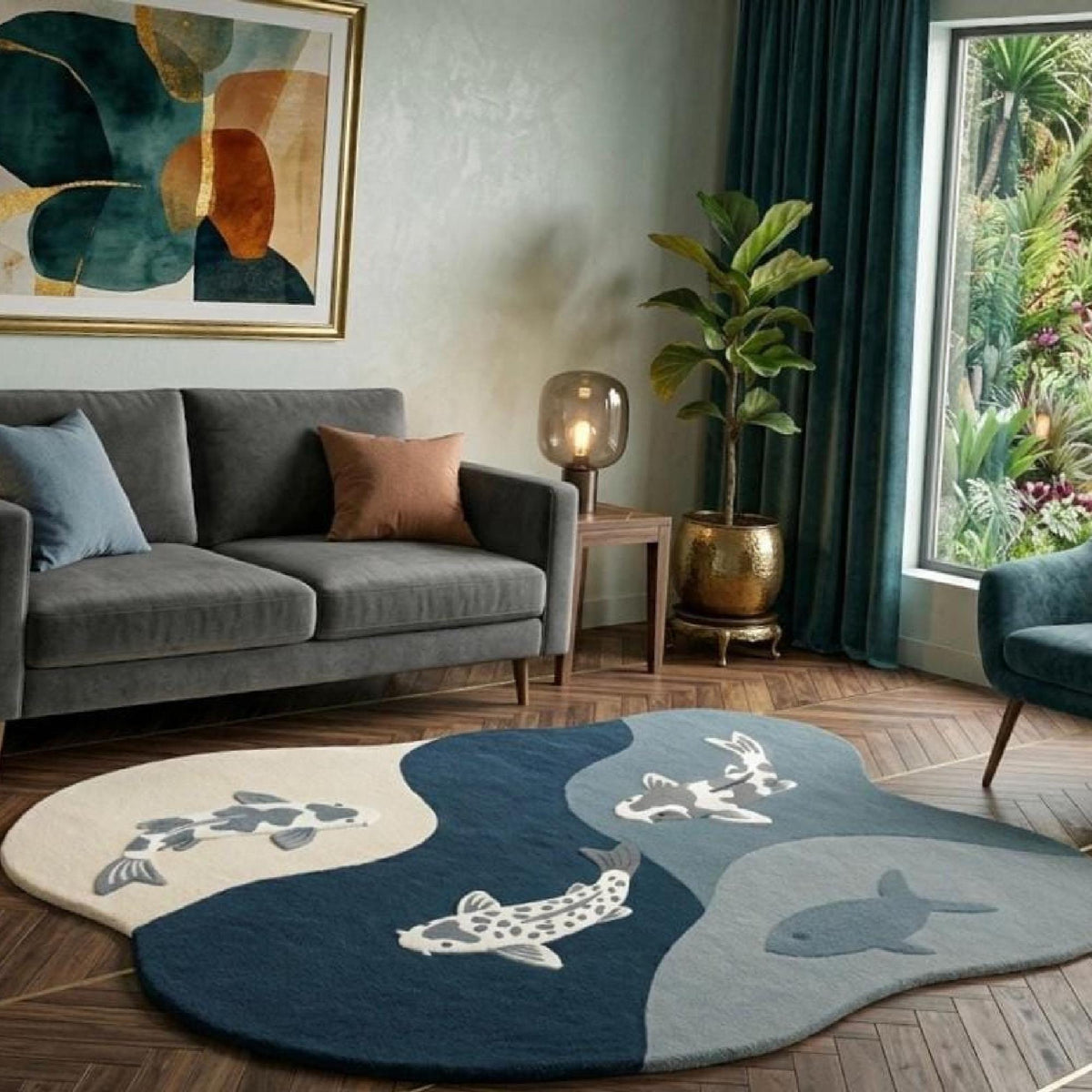 Koi Fish Wool Rug – Hand Tufted Japanese Style Irregular Rug – image 8