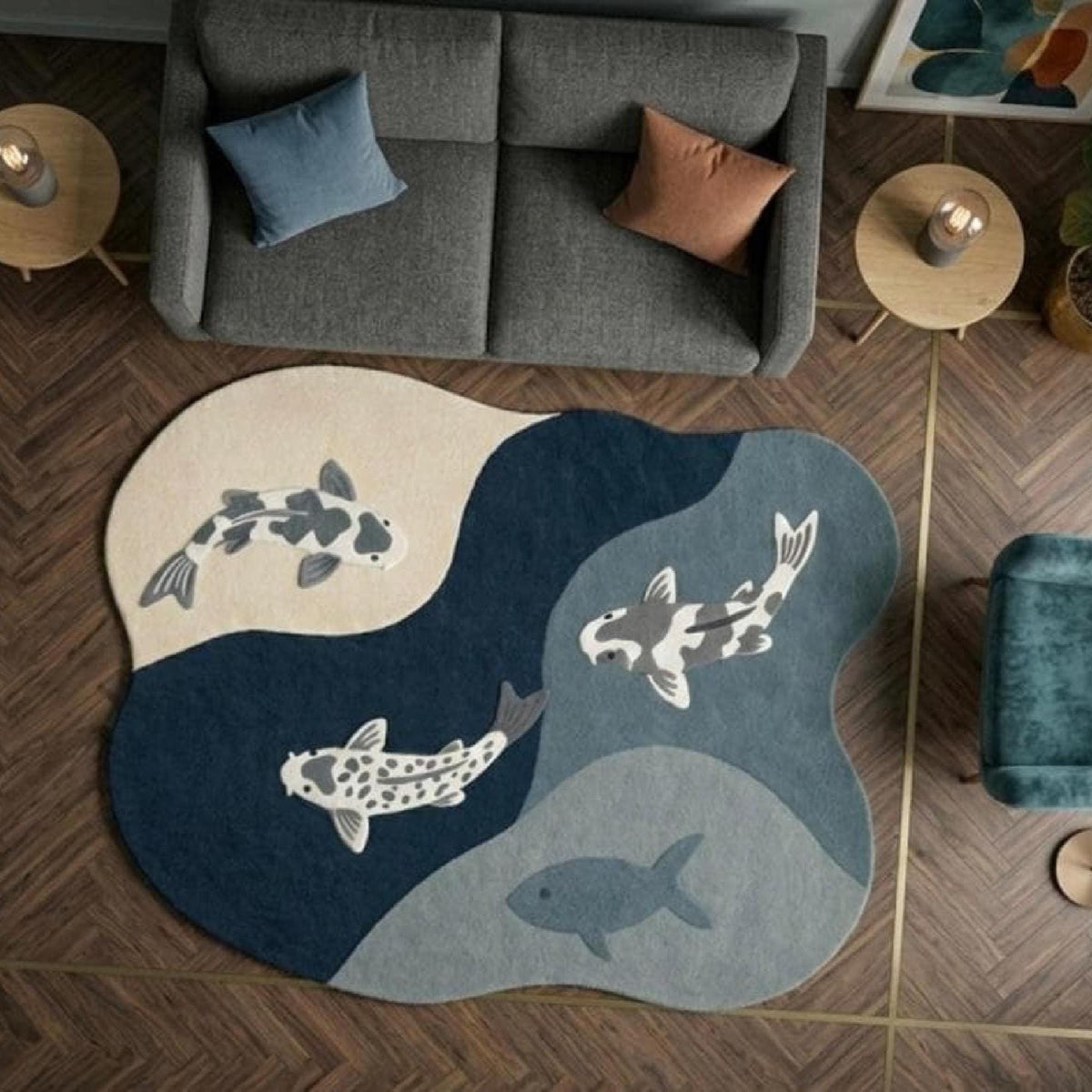 Koi Fish Wool Rug – Hand Tufted Japanese Style Irregular Rug – image 7