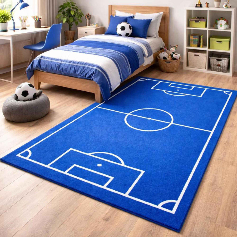 Blue Football Pitch Rug – Hand Tufted Kids' Sports Room Rug
