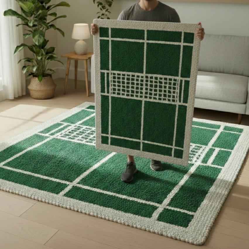 Green Badminton Court Rug – Hand Tufted Sports Theme Wool Rug