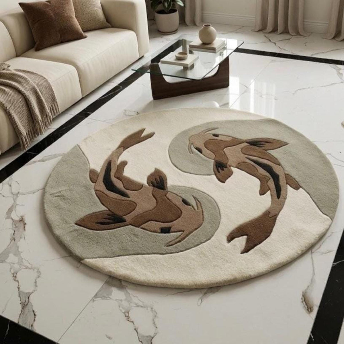 Koi Fish Round Rug – Hand Tufted Japanese Zen Decor Rug – image 1