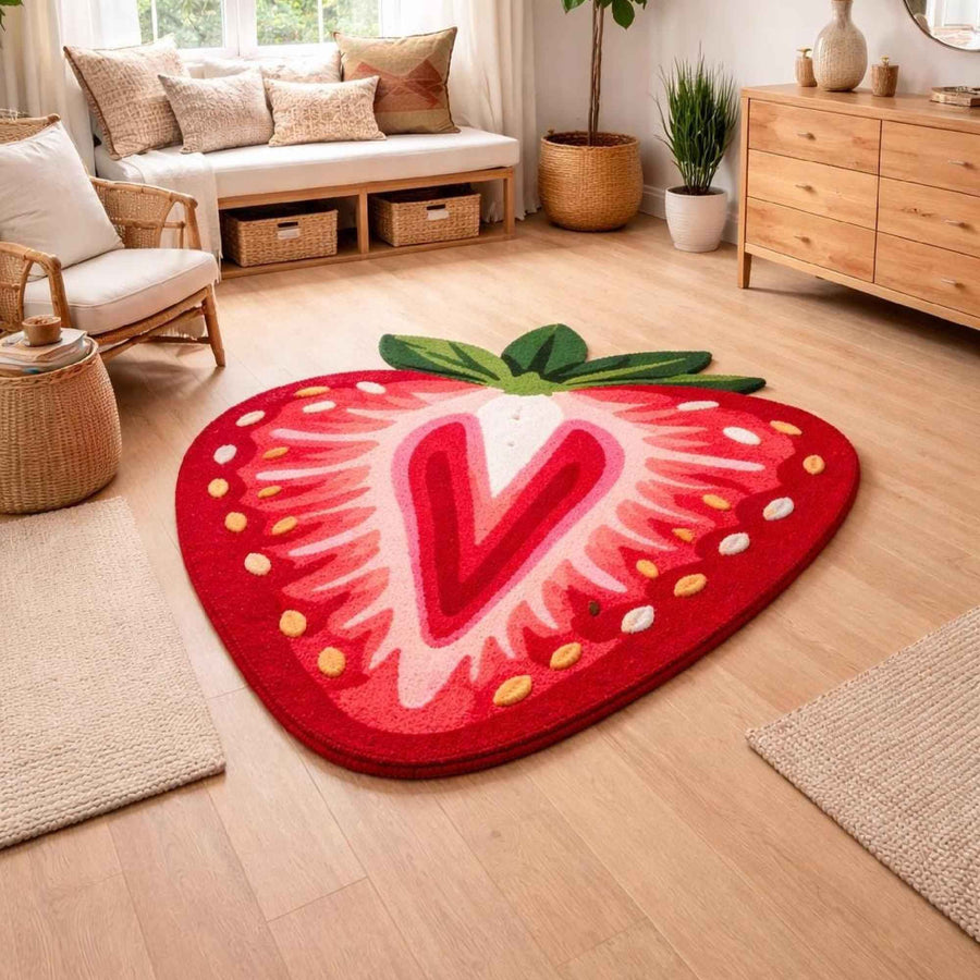 Strawberry Shaped Wool Rug – Hand Tufted Cottagecore Fruit Rug