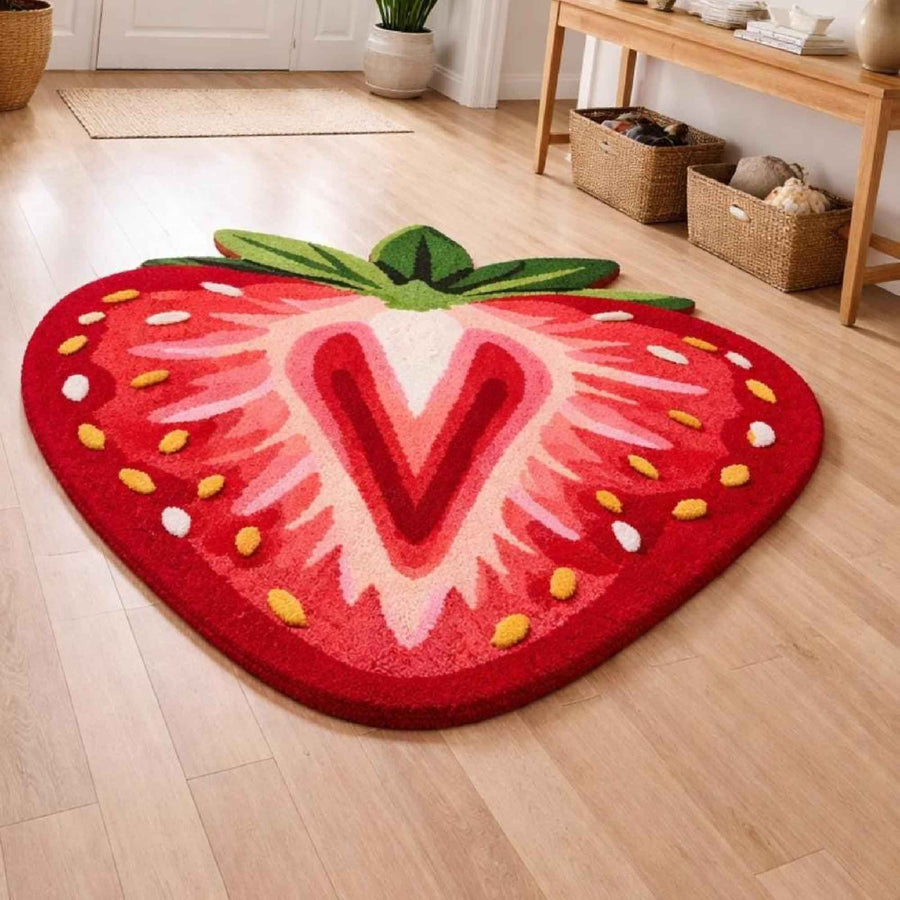 Strawberry Shaped Wool Rug – Hand Tufted Cottagecore Fruit Rug