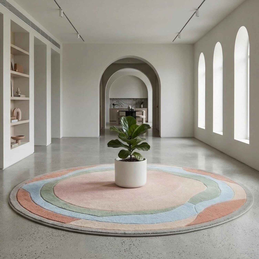 Boho Abstract Round Wool Rug – Hand Tufted Pastel Ring Rug