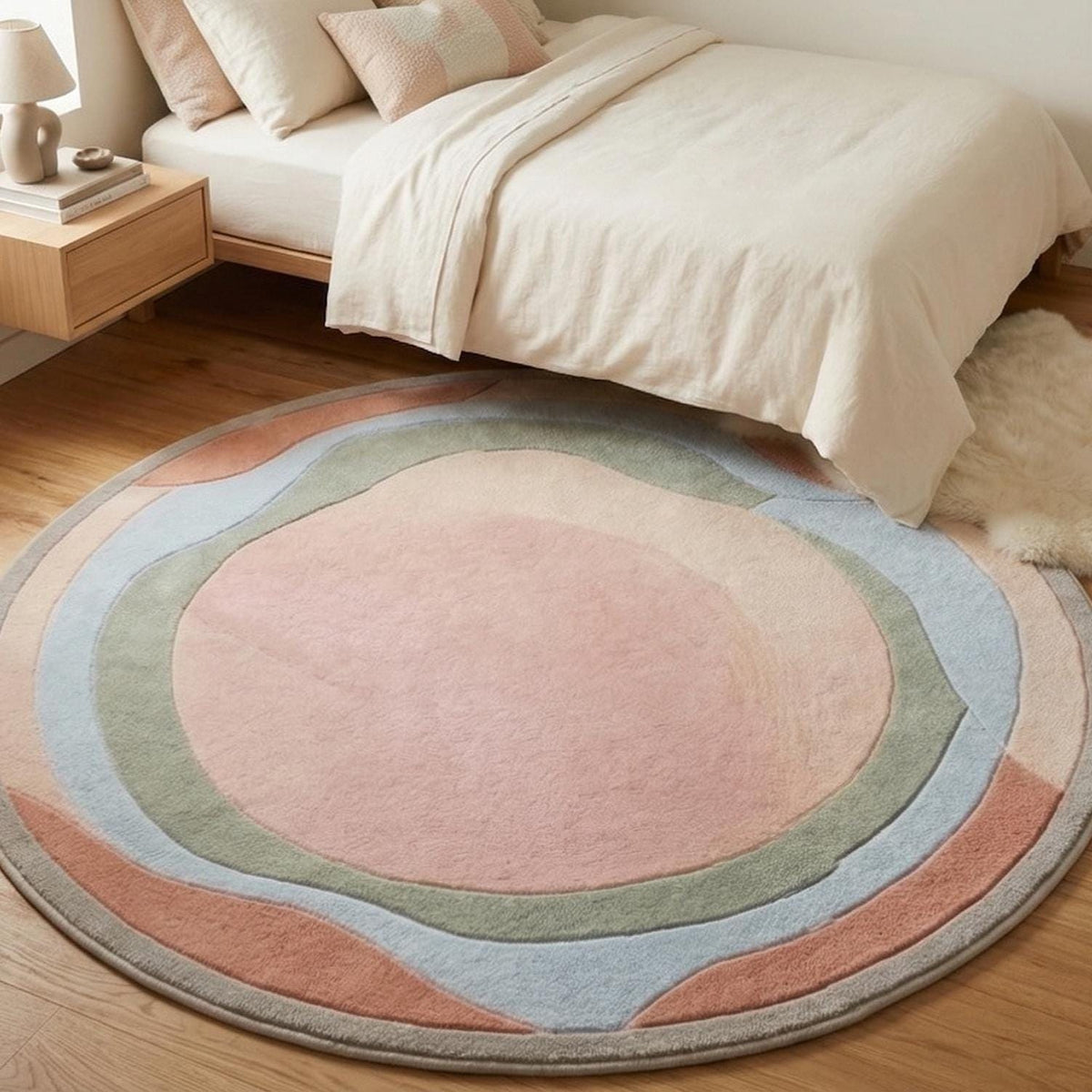 Boho Abstract Round Wool Rug – Hand Tufted Pastel Ring Rug – image 7