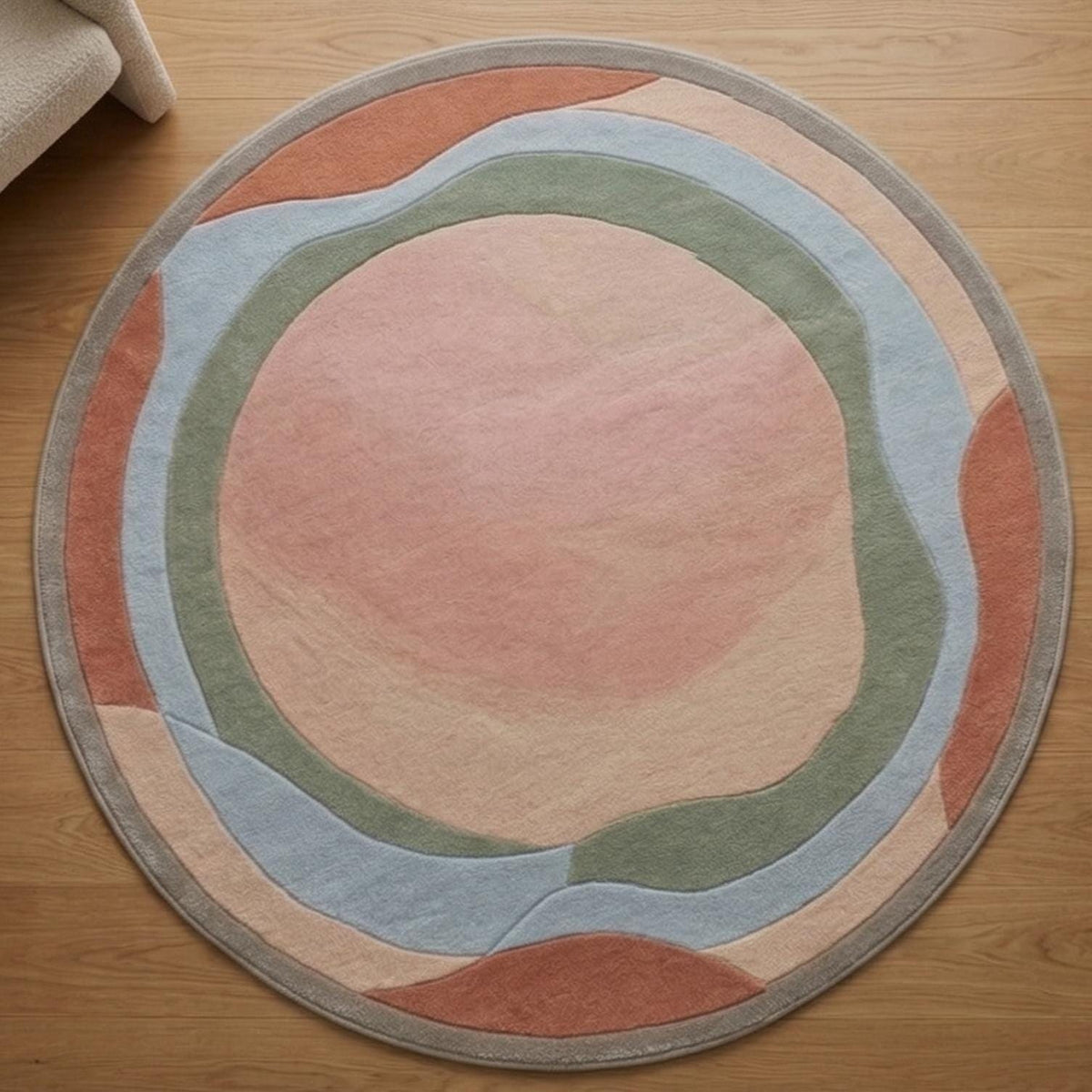 Boho Abstract Round Wool Rug – Hand Tufted Pastel Ring Rug – image 3