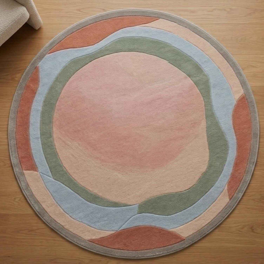 Boho Abstract Round Wool Rug – Hand Tufted Pastel Ring Rug