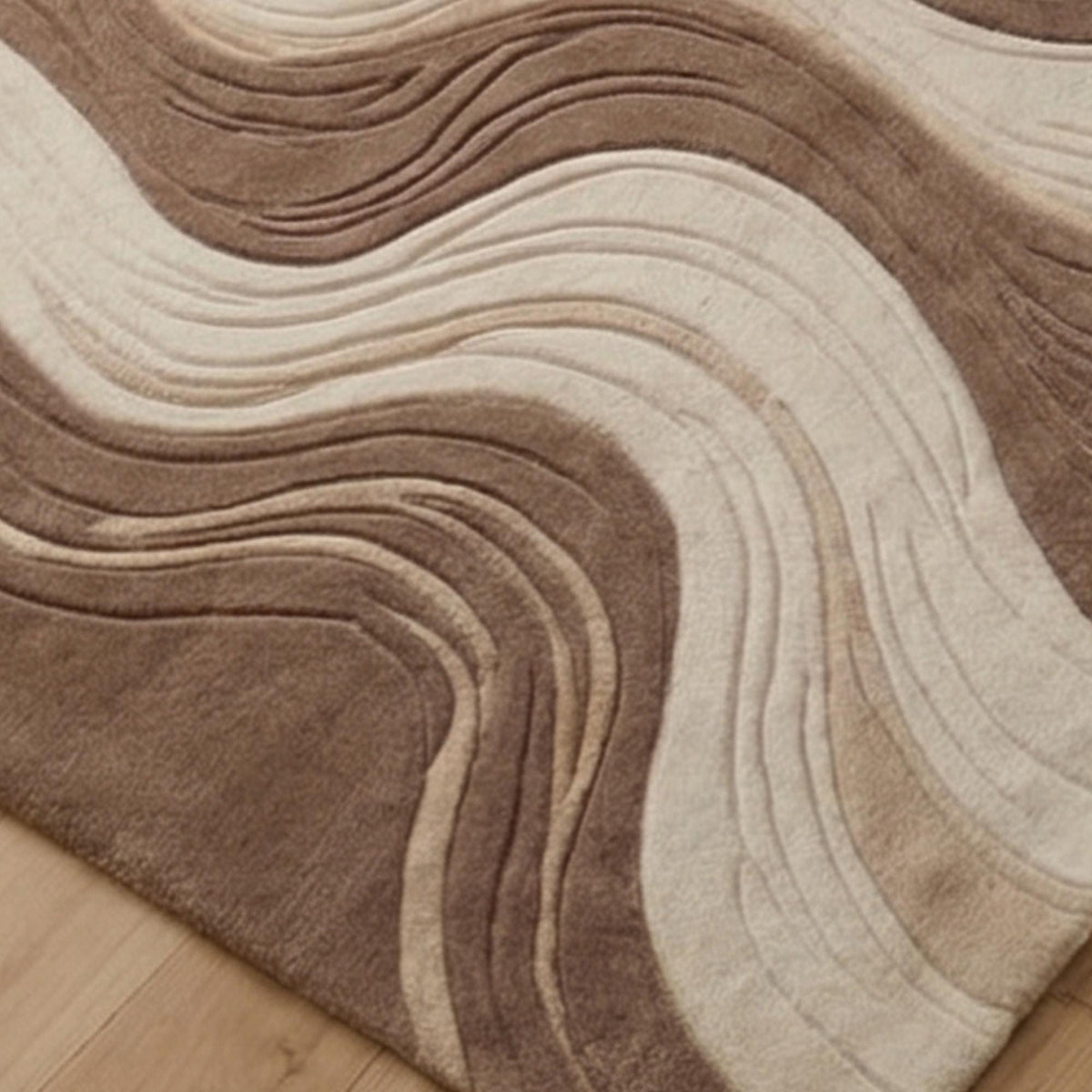 Cream and Taupe Wave Rug – Hand Tufted Boho Wool Area Rug – image 3