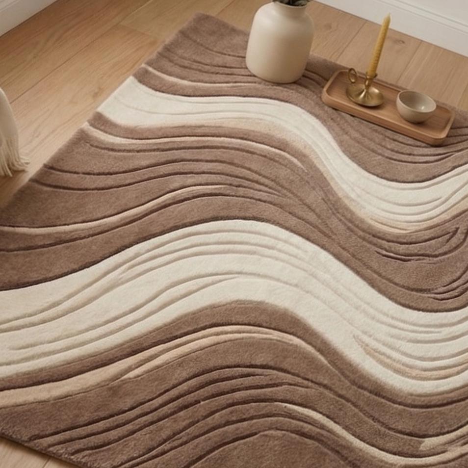 Cream and Taupe Wave Rug – Hand Tufted Boho Wool Area Rug – image 7