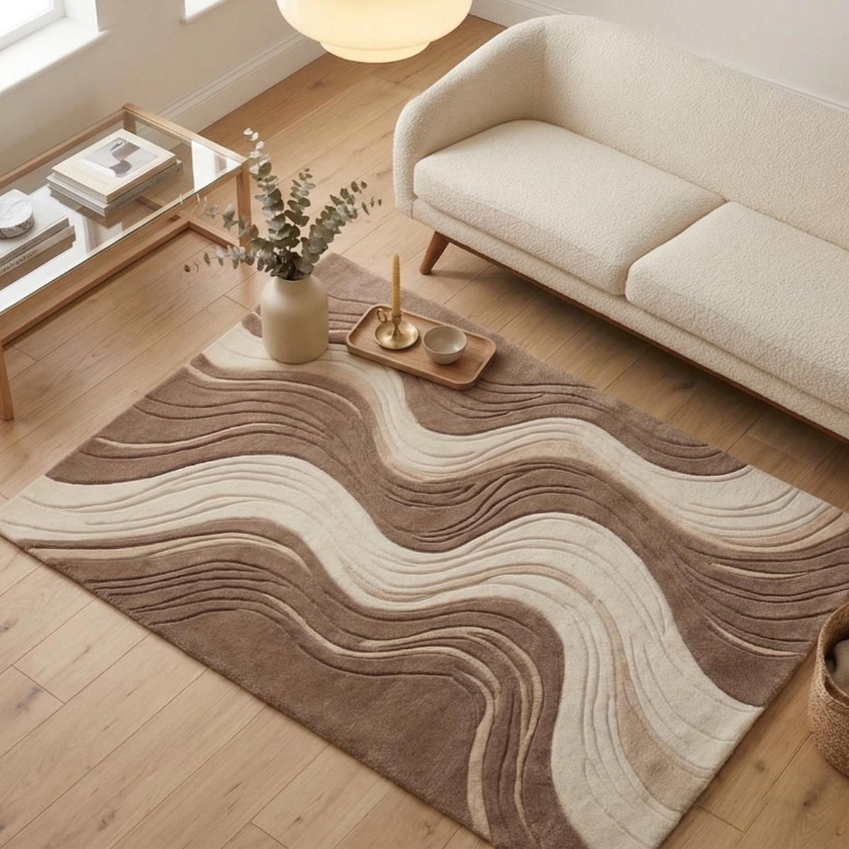 Cream and Taupe Wave Rug – Hand Tufted Boho Wool Area Rug – image 8