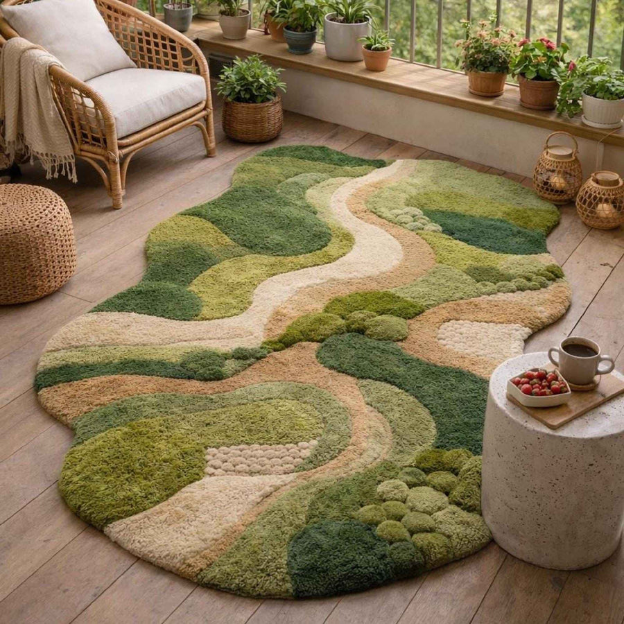 Green Pond Organic Shape Rug – Hand Tufted Cottagecore Wool Rug