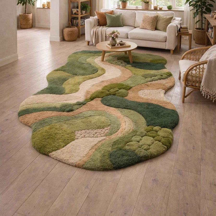 Green Pond Organic Shape Rug – Hand Tufted Cottagecore Wool Rug
