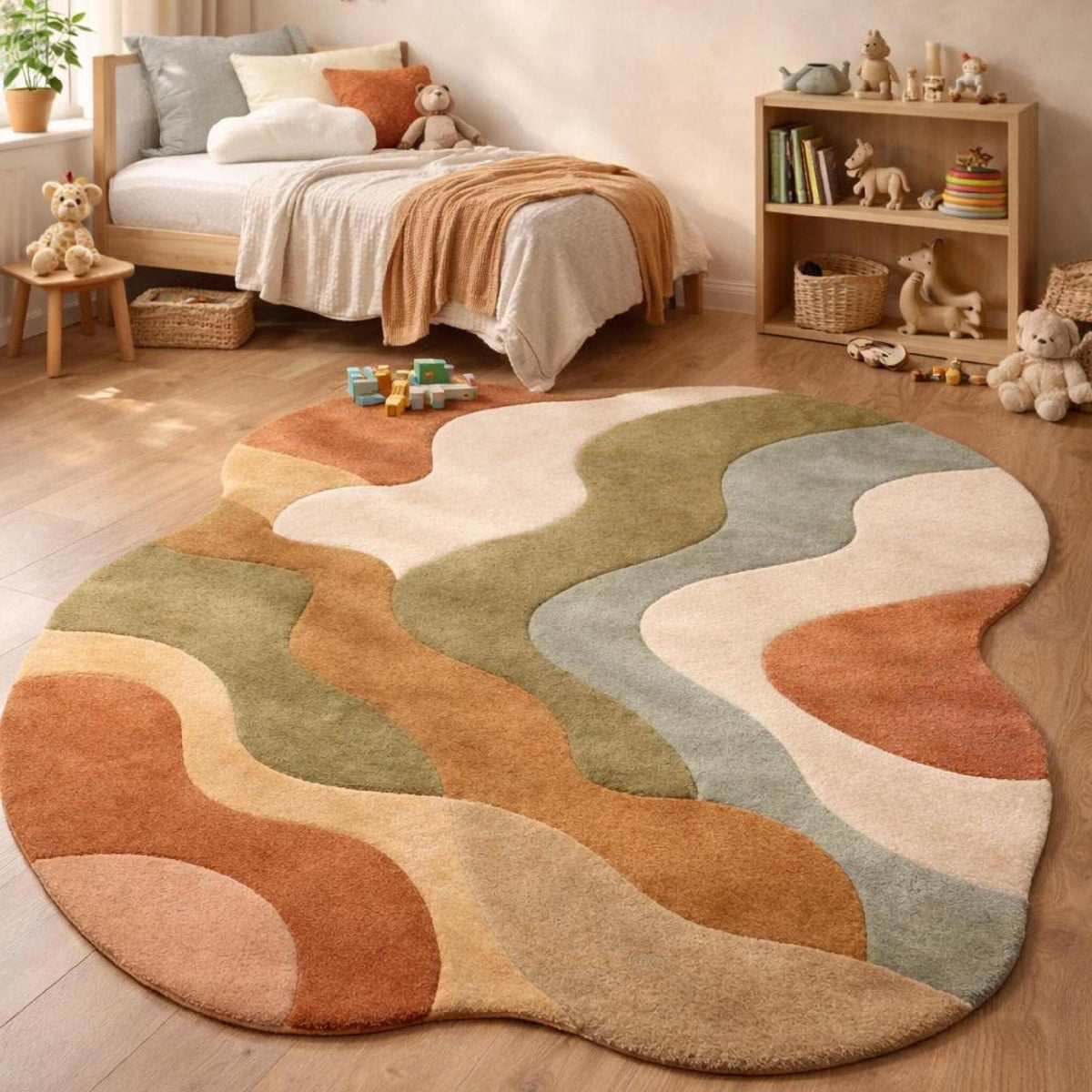 Earth Tone Retro Wave Rug – Hand Tufted Abstract Wool Rug – image 1
