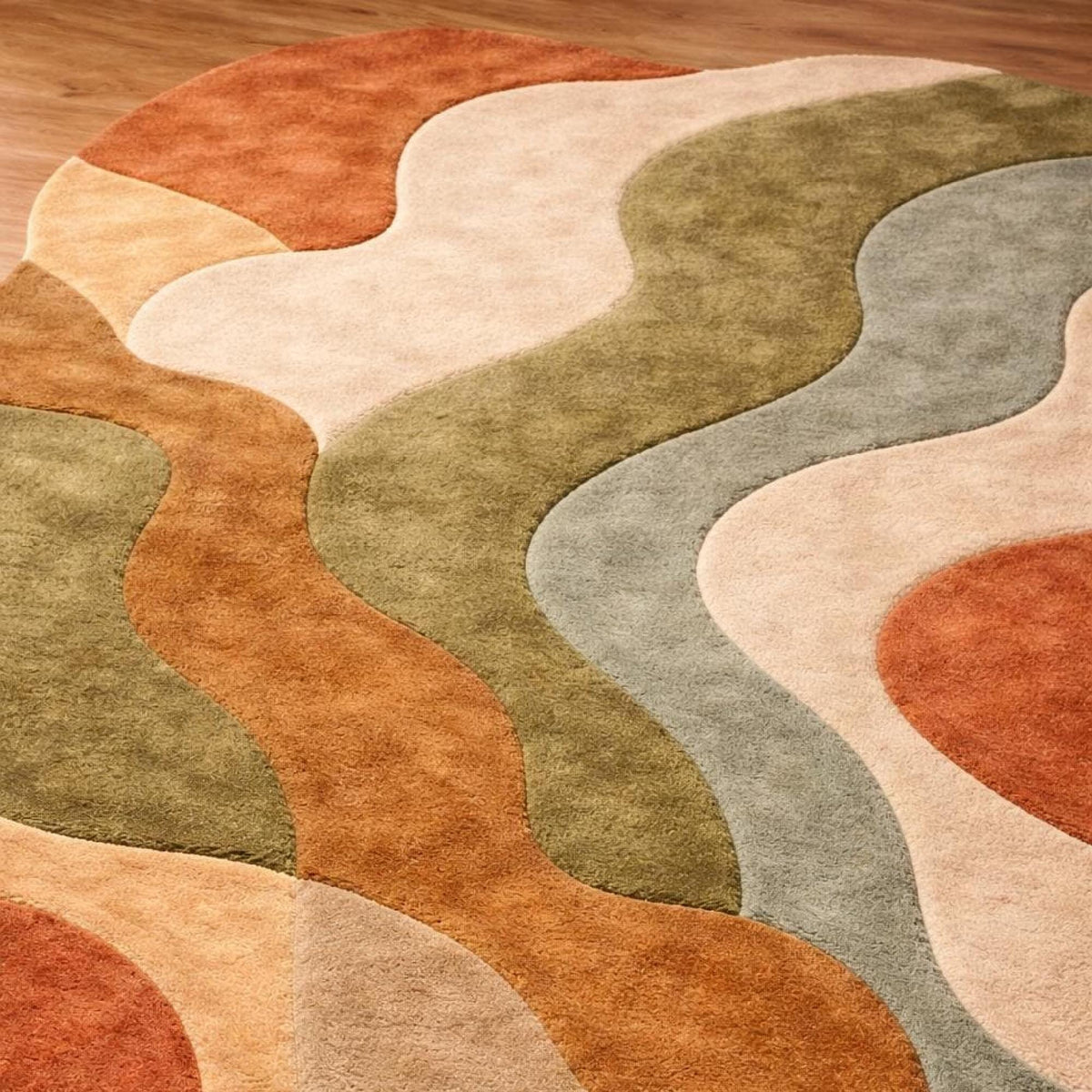 Earth Tone Retro Wave Rug – Hand Tufted Abstract Wool Rug – image 3