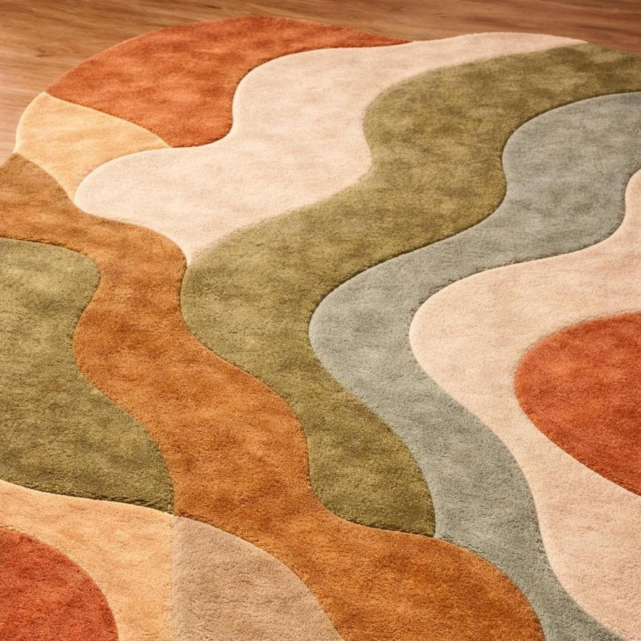 Earth Tone Retro Wave Rug – Hand Tufted Abstract Wool Rug – image 3