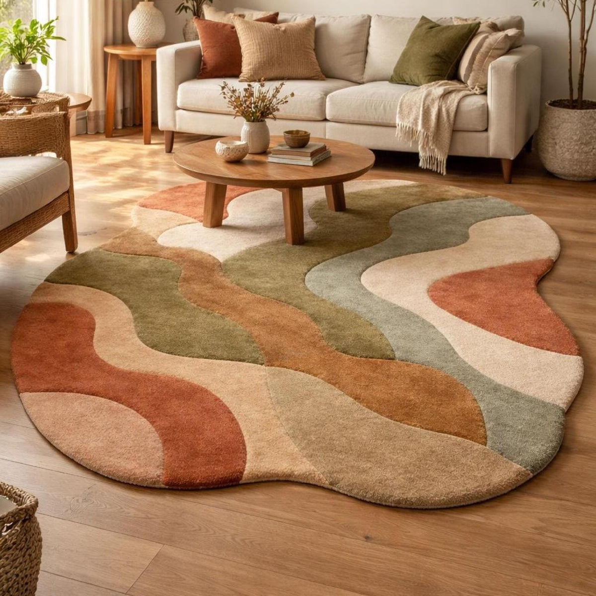 Earth Tone Retro Wave Rug – Hand Tufted Abstract Wool Rug – image 6
