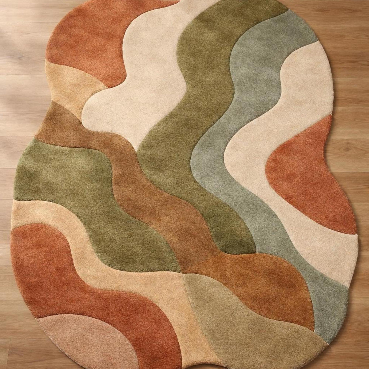 Earth Tone Retro Wave Rug – Hand Tufted Abstract Wool Rug – image 7