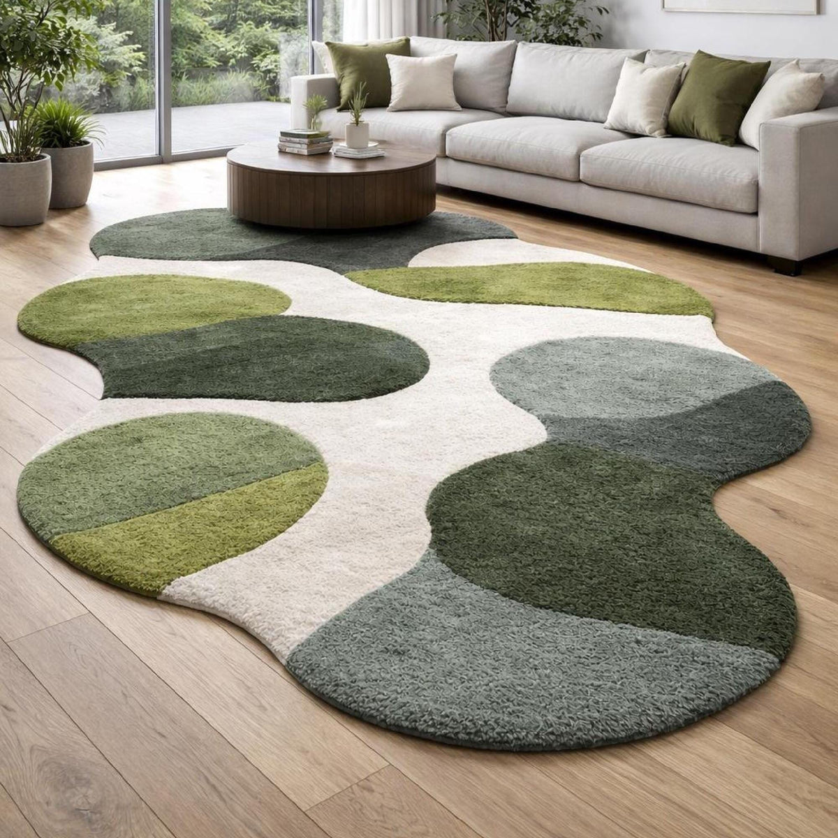 Green Boho Organic Shape Rug – Hand Tufted Freeform Wool Rug – image 1