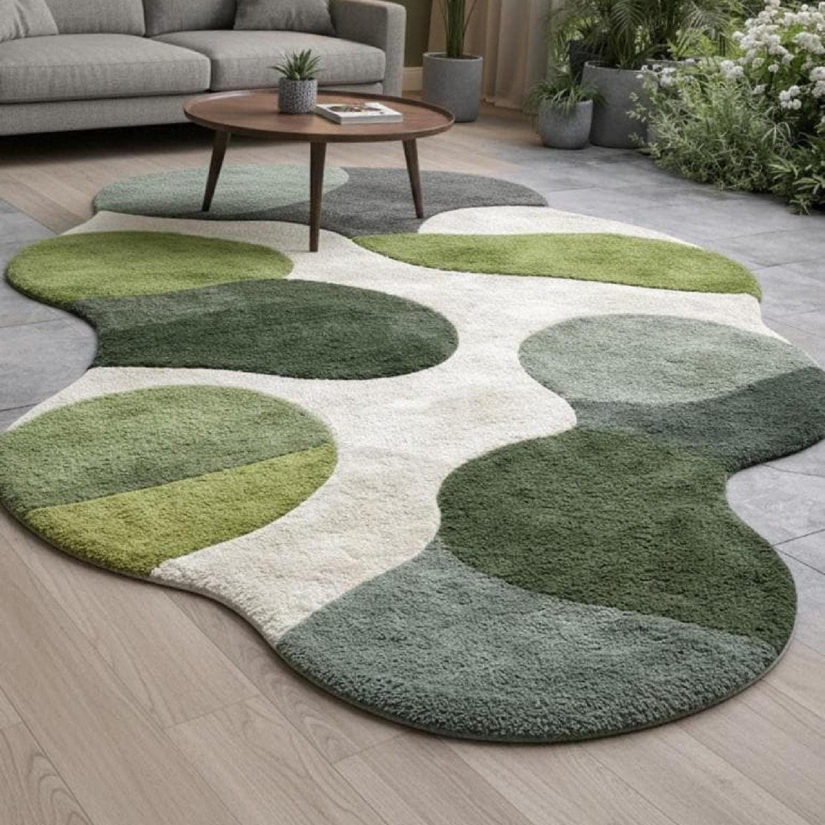 Green Boho Organic Shape Rug – Hand Tufted Freeform Wool Rug – image 7