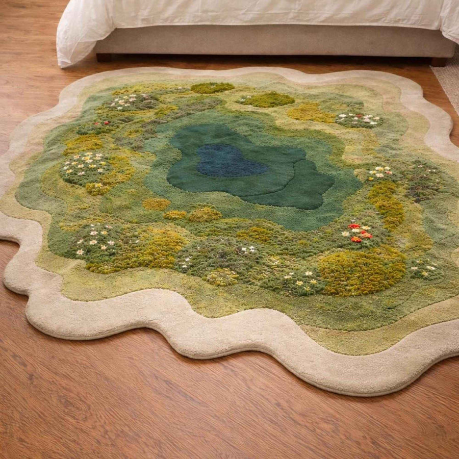Moss Green Forest Pond Rug – Irregular Shaped Hand Tufted 3D Wool Rug