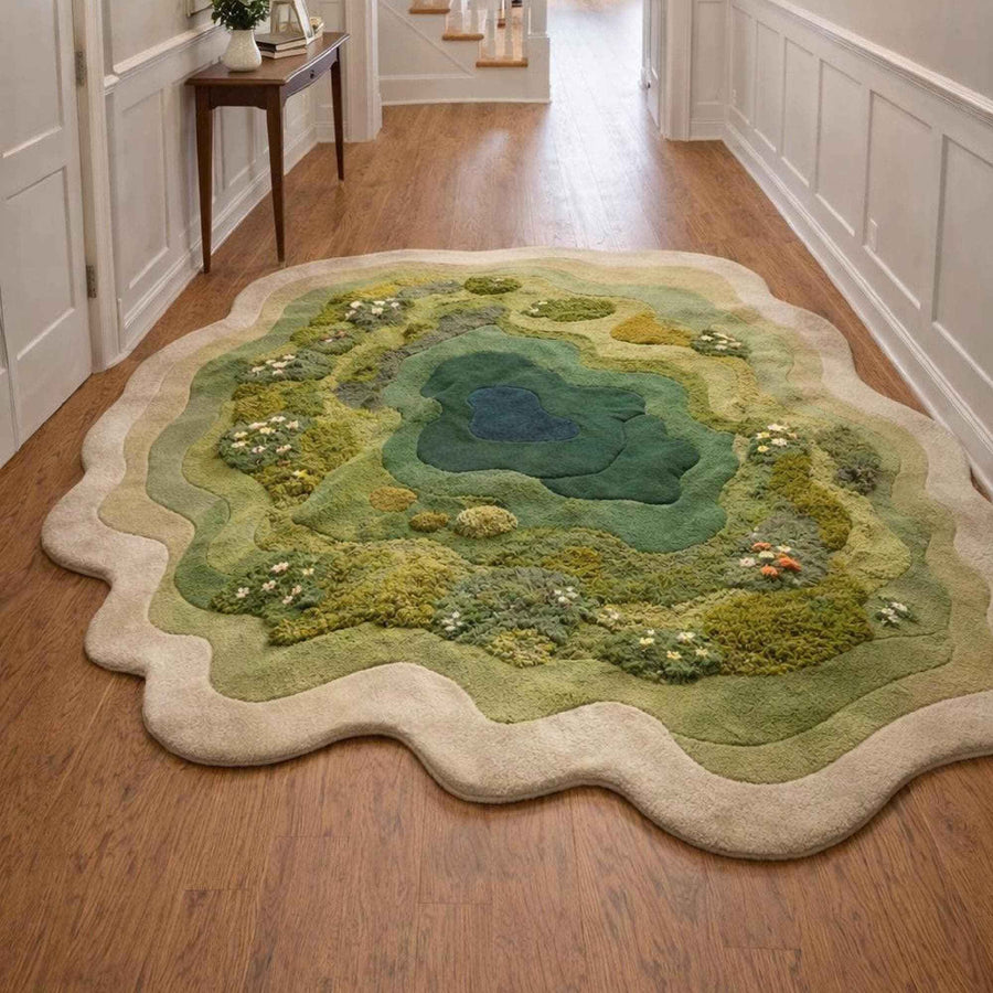 Moss Green Forest Pond Rug – Irregular Shaped Hand Tufted 3D Wool Rug