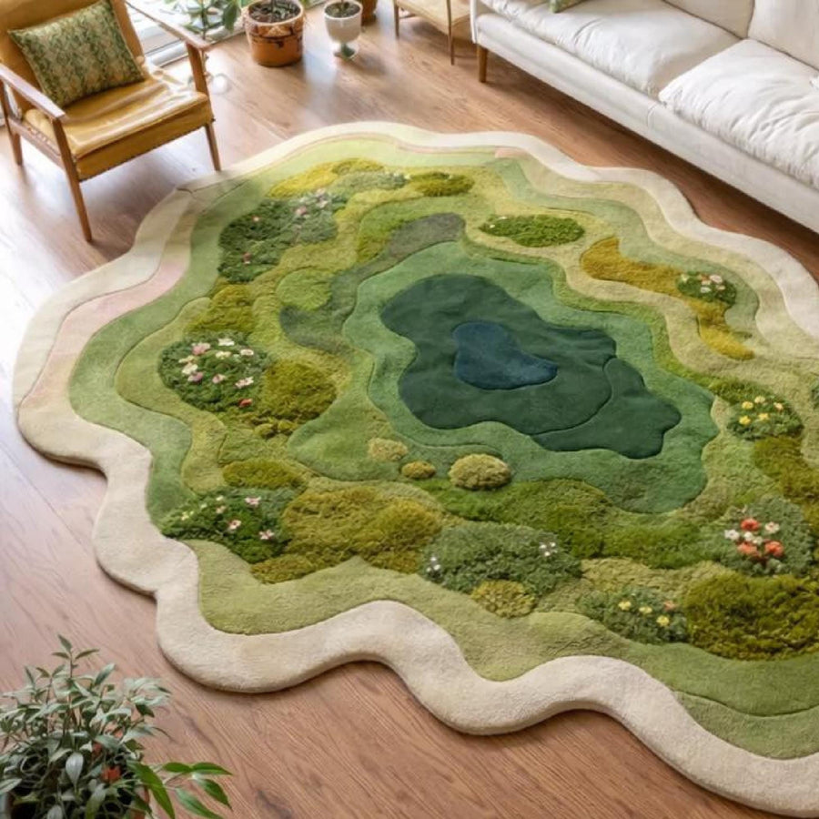 Moss Green Forest Pond Rug – Irregular Shaped Hand Tufted 3D Wool Rug – image 4