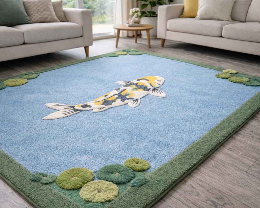 Koi Fish and Lily Pad Wool Rug – Hand Tufted Japanese Zen Rug