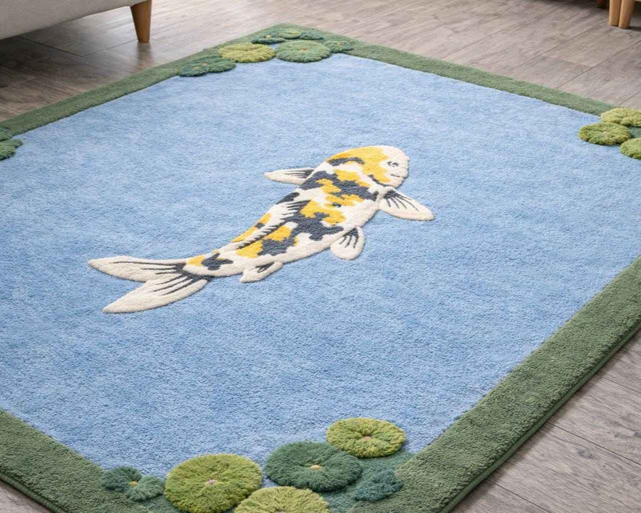 Koi Fish and Lily Pad Wool Rug – Hand Tufted Japanese Zen Rug