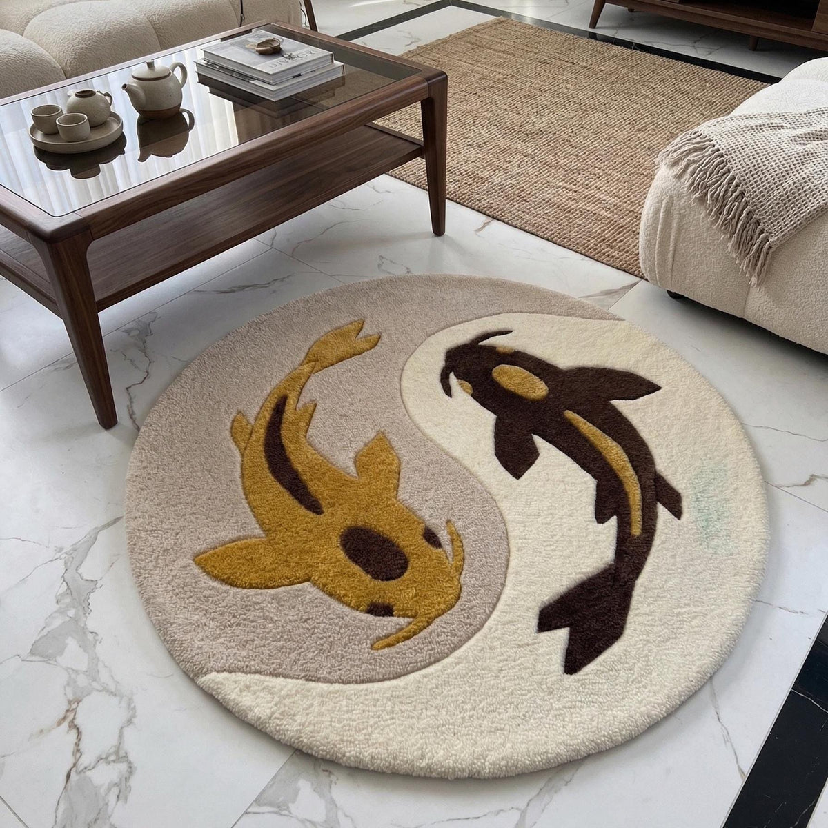 Koi Fish Yin Yang Round Rug – Hand Tufted Japanese Zen Wool Rug – image 5