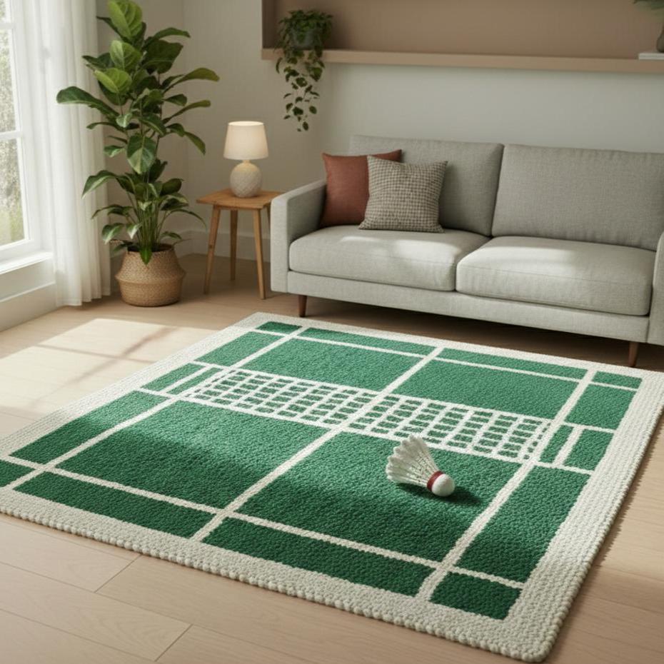 Green Badminton Court Rug – Hand Tufted Sports Theme Wool Rug – image 6