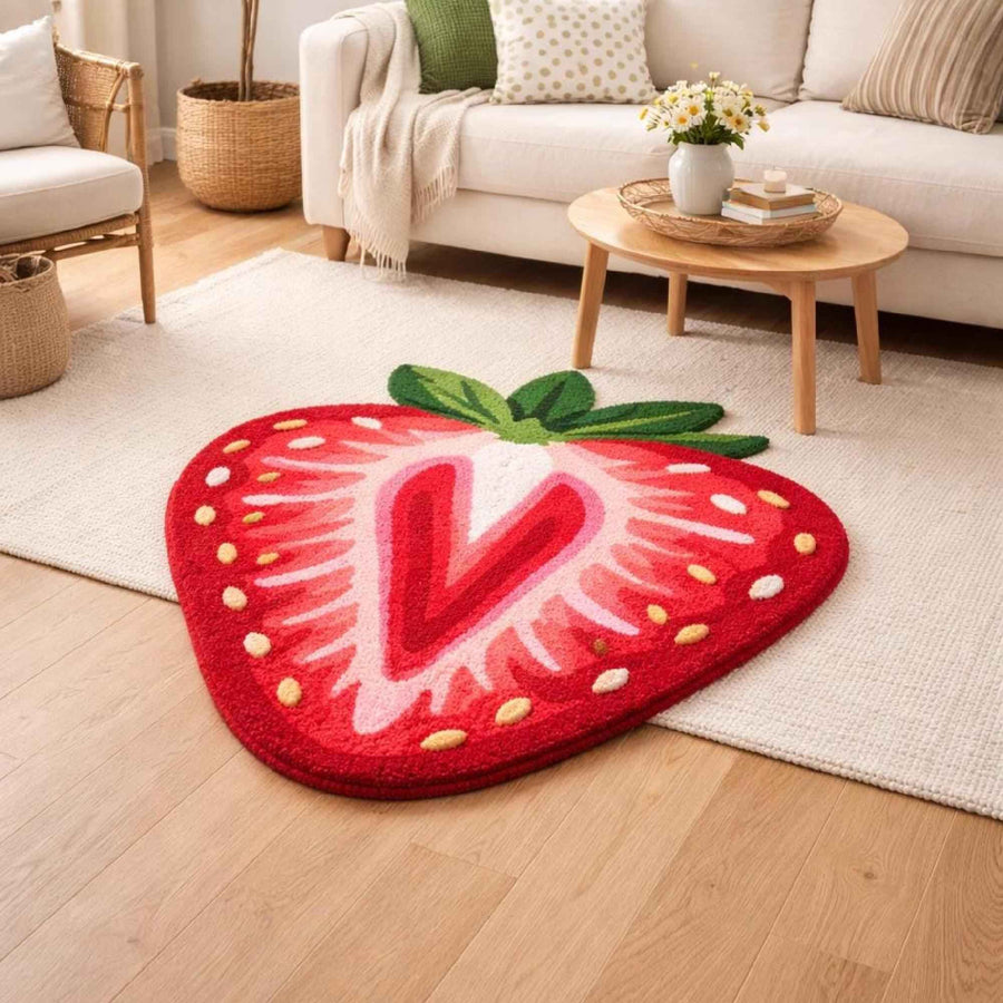 Strawberry Shaped Wool Rug – Hand Tufted Cottagecore Fruit Rug