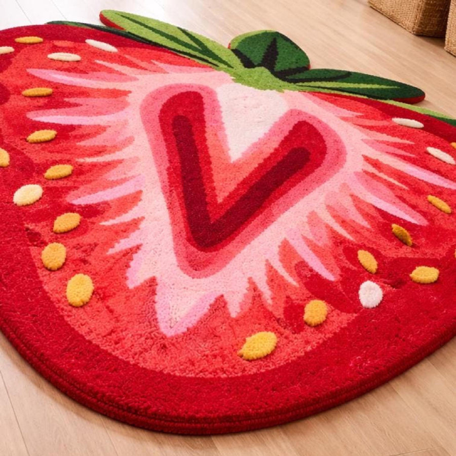 Strawberry Shaped Wool Rug – Hand Tufted Cottagecore Fruit Rug – image 5