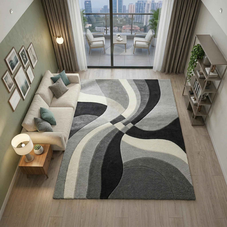 Ivory and Black Abstract Sculptural Rug – Hand Tufted Wool Rug