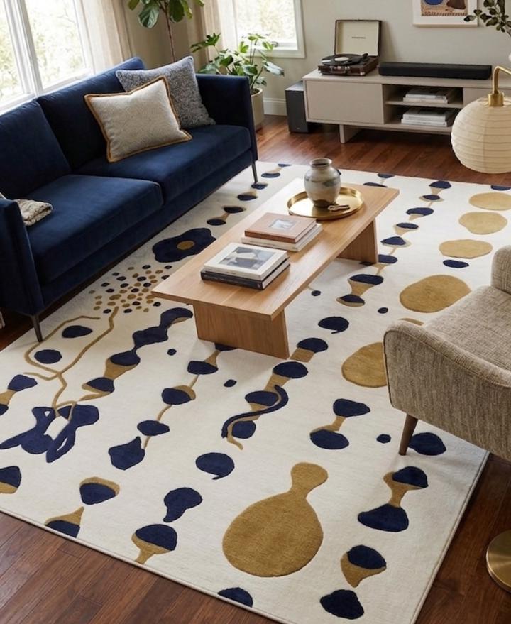 Navy, Gold and Ivory Abstract Wool Rug – Hand Tufted Sculpted Rug – image 2