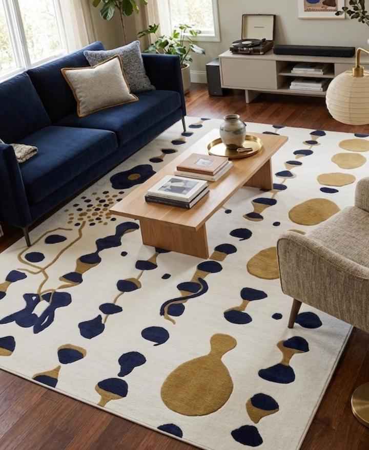 Navy, Gold and Ivory Abstract Wool Rug – Hand Tufted Sculpted Rug
