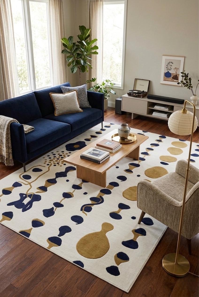Navy, Gold and Ivory Abstract Wool Rug – Hand Tufted Sculpted Rug – image 6
